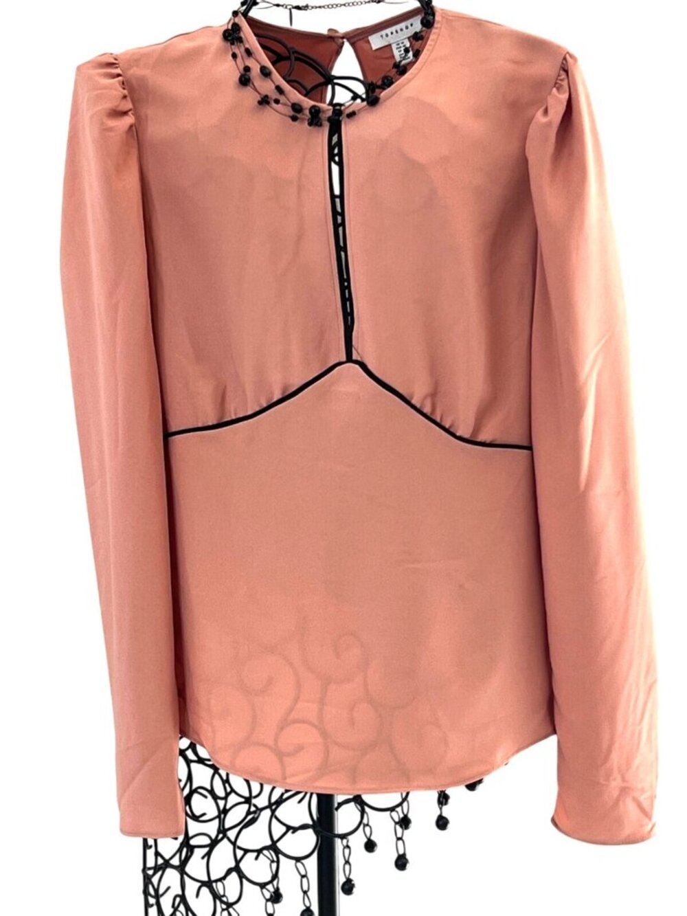 Topshop Womens Blush Peach Long Sleeve Blouse W/Black Trim Neckline Size L